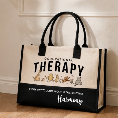 Custom Name Occupational Therapist Tote Bag, Color Block Canvas Large Work Handbag, Travel Outdoor Bag, Appreciation Gift for Therapist/Women/Her