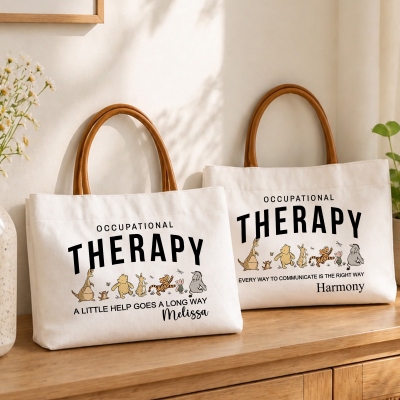 Personalized Occupational Therapist Tote Bag with Name, Canvas Cartoon Animal Print Large Shoulder Handbag, Appreciation Gift for Therapist/Women/Her