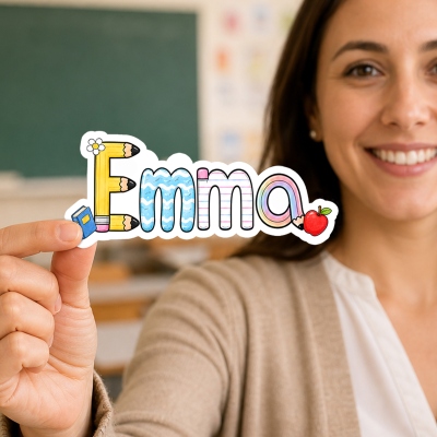 Personalized Name Colorful Cartoon School‑Themed Letters Stickers, Labels for Notebook/Water Bottle, Back to School/Birthday Gifts for Teachers/Kids