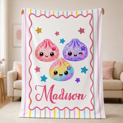Personalized Kawaii Squishy Glitter Dumpling Design Blanket with Name, Flannel/Sherpa Throw for Bed Couch, Birthday/Christmas Gift for Girls/Kids