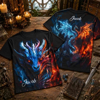 Personalized Ice and Fire Dragon All‑Over Print T‑Shirt, Custom Name Fantasy DND Graphic Tee, Dual Element Dragon Geek Gift for Men & Dragon Lovers