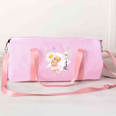 Personalized Birth Flower Ballet Bear Seersucker Duffle Bag with Name, Girl’s Dance Bag, Birthday/Christmas Gift for Ballerinas/Ballet Lovers