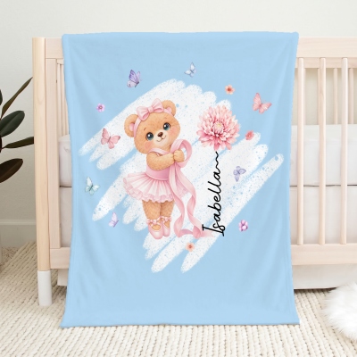 Personalized Name Birth Flower Ballet Bear Blanket, Flannel/Sherpa Throw for Bed Couch, Home Decor, Birthday/Christmas Gift for Ballet Lovers/Dancers