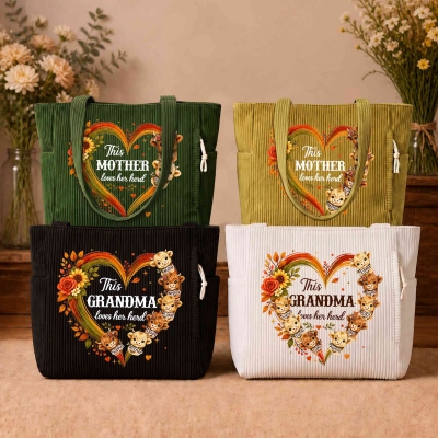 Personalisierte Tragetasche mit Hochlandrind-Motiv und Namen, große Schultertasche aus Cord mit Reißverschluss und Seitentaschen, ideales Geschenk für Mama/Oma/Sie zu Weihnachten/Geburtstag