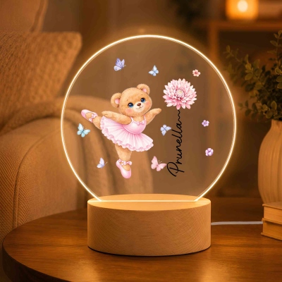 Personalized Name Birth Flower Ballet Bear LED Night Light, Acrylic Night Lamp with Wooden Base, Birthday Gift for Little Ballerinas/Ballet Lovers