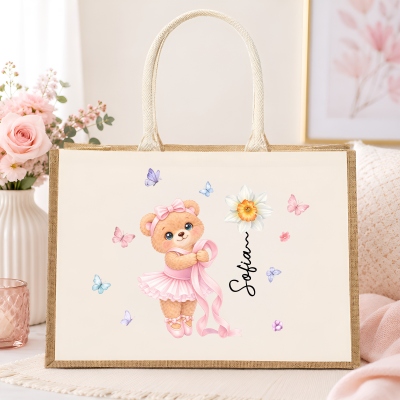 Custom Name Birth Flower Ballet Bear Tote Bag, Large Capacity Jute Canvas Handbag, Birthday/Christmas Gift for Ballet Lovers/Little Ballerinas/Girls