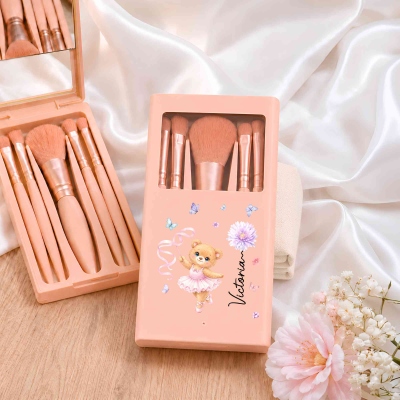 Personalized Name Birth Flower Ballet Bear 5PCS Makeup Brushes Box Set with Mirror, Travel Accessories, Birthday Gift for Ballet Lovers/Women