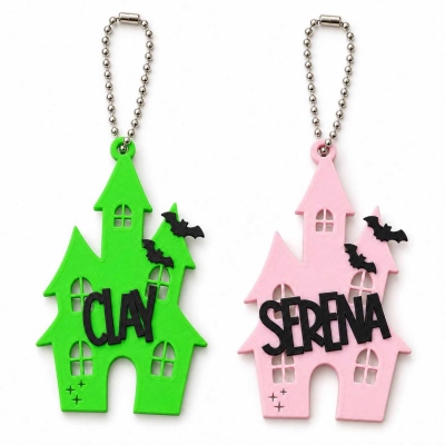 Personalized Haunted House Bag Tag, Custom Name Halloween Keychain, 3D Printed Trick Or Treat Bag Or Boo Basket Tag