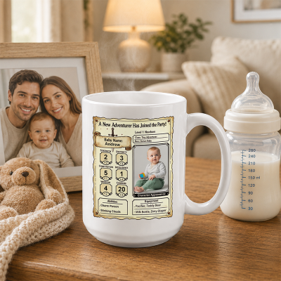 Personalized DND Level 1 Adventurer Baby Character Sheet Mug,Custom Newborn Photo Coffee Cup, Unique Baby Shower Gift for Gamer Mom and Dad