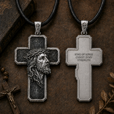 3D Christian Cross Necklace with Engraved Faith Message, Vintage Religious Relief Pendant, Sacred Figure Jewelry, Christian Gift for Husband/Dad/Son