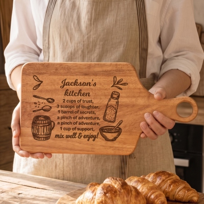 Personalized Engraved Wooden Cutting Board with Name, Fun Recipe Quote Serving Board with Handle, Kitchen Accessory, Birthday Gift for Mom/Her/Family