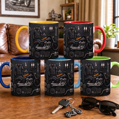Personalisierte Motorradtasse mit 3D-Effekt und Namensaufdruck, 11oz/15oz zweifarbige Keramiktasse mit Untersetzer, Geburtstagsgeschenk für Motorradfahrer/Bike-Fans