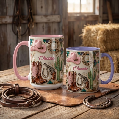 Custom Western Cowgirl Style Ceramic Mug with Name, 11oz/15oz Two Tone Coffee Cup with Coaster, Home Drinkware, Birthday Gift for Women/Friends/Her