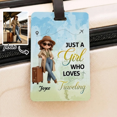 Personalized Cartoon Style Photo Just A Girl Who Loves Traveling Luggage Tag with Name, Travel Accessory, Vacation/Birthday Gift for Travel Lovers