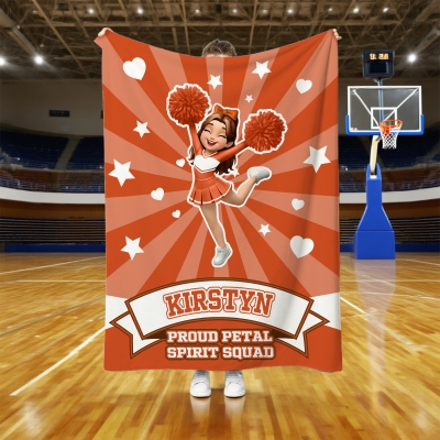 Personalized Cartoon Pom Pom Cheer Girl Heart Star Sunburst Throw Blanket with Name, Home Decor, Team/Birthday Gift for Cheerleaders