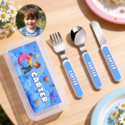 Personalized 3D-Style Cartoon Character Artwork Photo Knife Fork Spoon Three-Piece Set with Name and Initial, Back to School/Birthday Gift for Kids