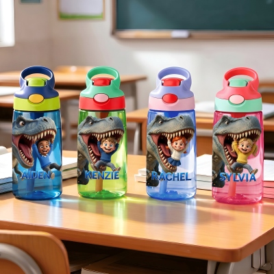 Personalized Cartoon Dinosaur 16 oz Kid Water Bottle with Name and Photo, Daily Use, Back to School Season/Birthday Gift for Boys Dinosaur Lovers