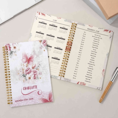 Personalized 2026-2028 Floral Butterfly Planner with Name, A5 Spiral Daily Agenda Calendar Planner, Birthday/Graduation Gift for Women/Family/Friends