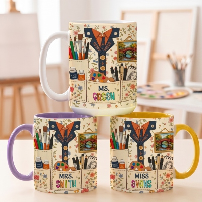 Custom Floral Western Artist Ceramic Mug with Name, 11oz/15oz Two Tone Coffee Cup with Coaster, Home Drinkware, Birthday Gift for Women/Friends/Her