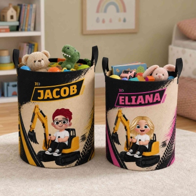 Personalized Cartoon Character Excavator Large Capacity Laundry Storage Basket with Name, Daily Household, Birthday Gift for Kids/Parents