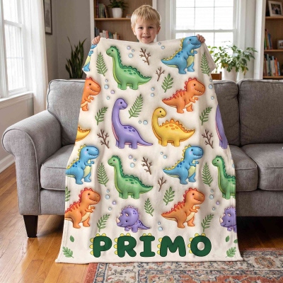 Custom Colorful Cartoon Dinosaur Blanket with Name, Flannel/Sherpa Throw for Bed Couch, Home Decor, Baby Shower/Birthday Gift for Toddler/Boys/Girls