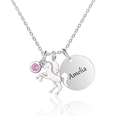 Personalized Lucky Unicorn Necklace with Birthstone, Custom Kid Name Engraved Necklace, Birthday/Children's Day Gift for Girl/Daughter/New Mom