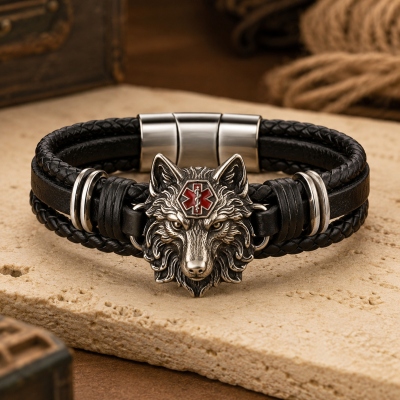 Personalized Wolf Head Medical Alert Bracelet with ID Text, Adjustable Emergency Info Wristband, Daily Wear Safety Accessory, Gift for Dad/Grandpa