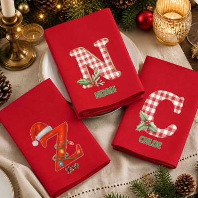 Custom Name Holly Gingham/Santa Hat Colored Lights Alphabet Christmas Napkin, Party Dinner Red Napkin, Holiday Dish Towel, Christmas Gift for Family