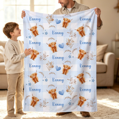 Personalized Name Heart Floral Highland Cow Blanket, Flannel/Sherpa Bed Couch Throw, Home Decor, Birthday/Christmas Gift for Kids/Highland Cow Lovers