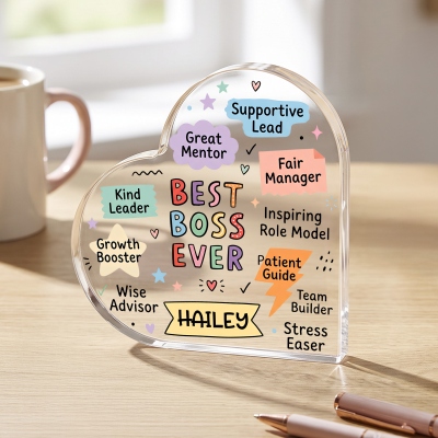 Custom Name Best Boss Ever Acrylic Heart-Shaped Plaque, Freestanding Desk Decor, Birthday/Christmas/Appreciation/Retirement Gift for Leaders/Managers