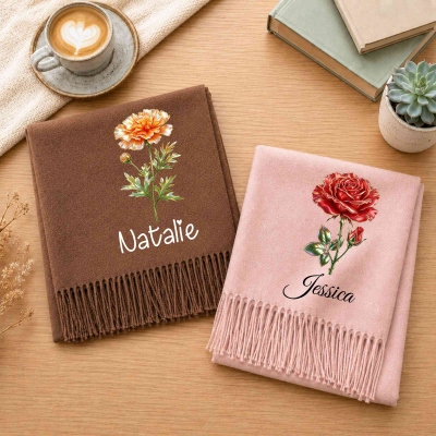 Personalisierter Schal/Stola aus Kunstkaschmir mit Perlen- und Geburtsblumenmotiv, verziert mit Quasten, Herbst-Winter-Accessoire, Geburtstags-/Weihnachtsgeschenk für Sie/Mama/Frauen