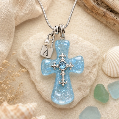 Personalized Sea Glass Cross Resin Birthstone Necklace with Initial, Faith Inspired Pendant, Daily Wear Religious Jewelry, Holiday Gift for Women