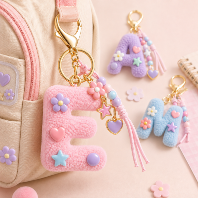 Initial Plush Keychain, A-Z Monogram Keyring, Cute Fuzzy Letter Bag Charm, Pastel Backpack Pendant, Christmas Gift for Women/Kids/Friends