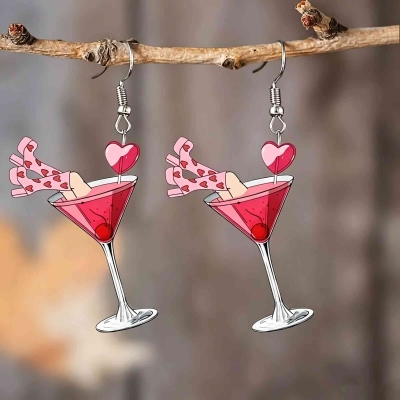 A Pair of Christmas Wine Glass Dangle Earrings, Festive Acrylic Cocktail Drink Design, Fun Holiday Party Jewelry, Birthday Gift for Women/Girlfriends