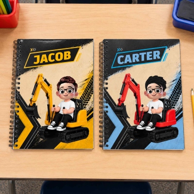 Personalisiertes A5-Notizbuch mit Bagger-Cartoonmotiv, Spiralbindung und Namen, für den täglichen Gebrauch, als Geschenk zum Schulanfang oder Geburtstag für Jungen und Mädchen
