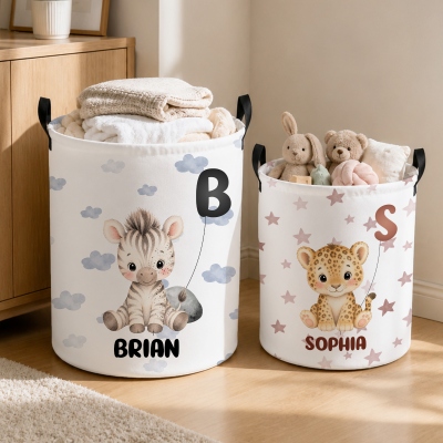Personalized Name Alphabet Balloon Cartoon Animal Storage Basket with Handles, Waterproof Large Capacity Toy Laundry Basket, Gift for Kids/Toddlers
