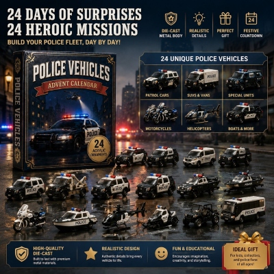 Police Vehicles Fleet Advent Calendar 2026-24-Day Festive Countdown, Acrylic Charms Blind Box, Christmas Gift for Kids/Vehicle Fans