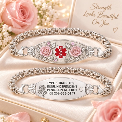 Personalized Engraved Medical Alert Bracelet with Text, Rose Birthstone Medical ID Bracelet, Byzantine Chain, Birthday Gift for Mom/Grandma/Women