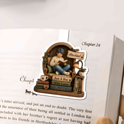 Personalized Name Faceless Cartoon Reading Boy Character Magnetic Bookmark Clip, Bookish Accessory, Birthday/Christmas Gift for Book Lovers/Readers
