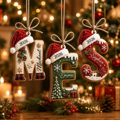 Personalized Initial Christmas Theme Ornament with Name and Year, Holiday Tree Hanging Decor, Festive Keepsake, Christmas Gift for Kids/Family