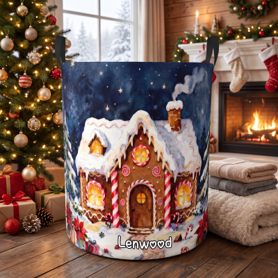 Personalized Name Gingerbread House Storage Basket with Handles, Waterproof Large Capacity Toy Laundry Basket, Christmas Gift for Kids/Toddlers
