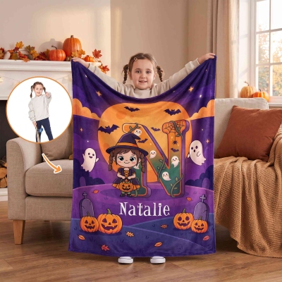 Personalized Halloween Cartoon Character Photo Soft Throw Blanket with Name and Initial, Home Decor, Halloween Party, Gift for Kids