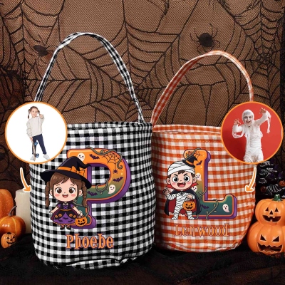 Personalized Halloween Theme Pumpkin Cartoon Character Photo Candy Basket with Name and Initial, Trick or Treat Halloween Party Gift for Boys/Girls