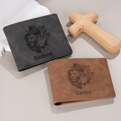 Custom Engraved Lion Cross Man of Faith Bifold Wallet, Men’s Leather Cash Card Holder, Birthday/Baptism/Christmas Gift for Him/Dad/Grandpa/Christians
