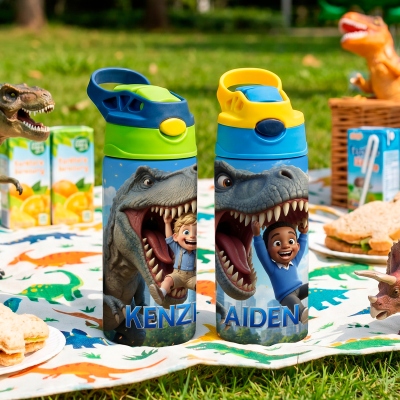 Personalized 3D-Effect Artwork Cartoon Dinosaur Photo 12 oz Insulated Water Bottle with Name and Straw, Back to School, Birthday Gift for Kid