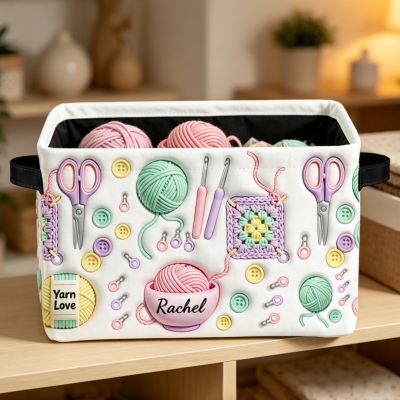 Custom Name 3D Effect Crochet & Yarn Storage Basket with Handles, Large Capacity Cube Bin, Birthday/Mother’s Day Gift for Mom/Grandma/Crochet Lovers