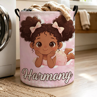 Custom Name Cartoon Black Little Girl/Boy Storage Basket with Handles, Waterproof Large Capacity Toy Laundry Basket, Gift for African American Kids