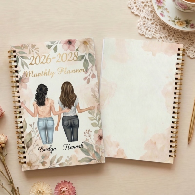 Personalisierter, wunderschöner Aquarell-Monatsplaner für 2-5 beste Freundinnen (2026-2028) mit Namen, ideales Geburtstags-/Jubiläumsgeschenk für beste Freundinnen