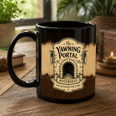 The Yawning Portal DND Mug, 11oz Waterdeep Ceramic Coffee Cup, Adventurers Welcome Vintage DND Gift for Players