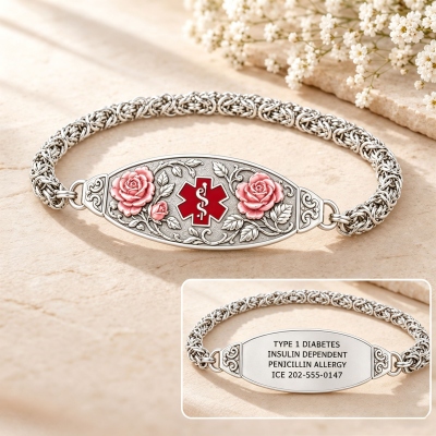 Personalized Birth Flower Medical ID Bracelet, Engraved Floral Alert Jewelry with Private Backside, Birthday/Christmas Gift for Parents/Partner/Friend